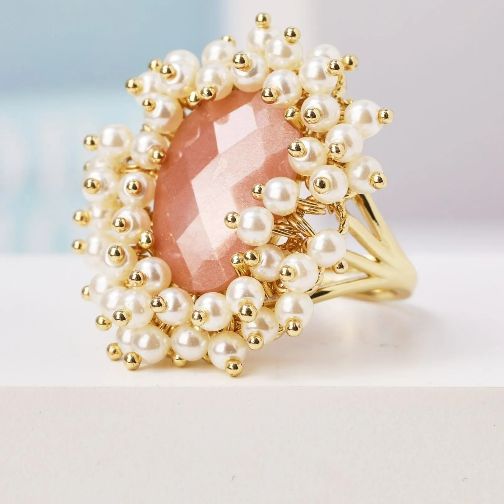 Natural Gemstone & Pearl Oval Ring