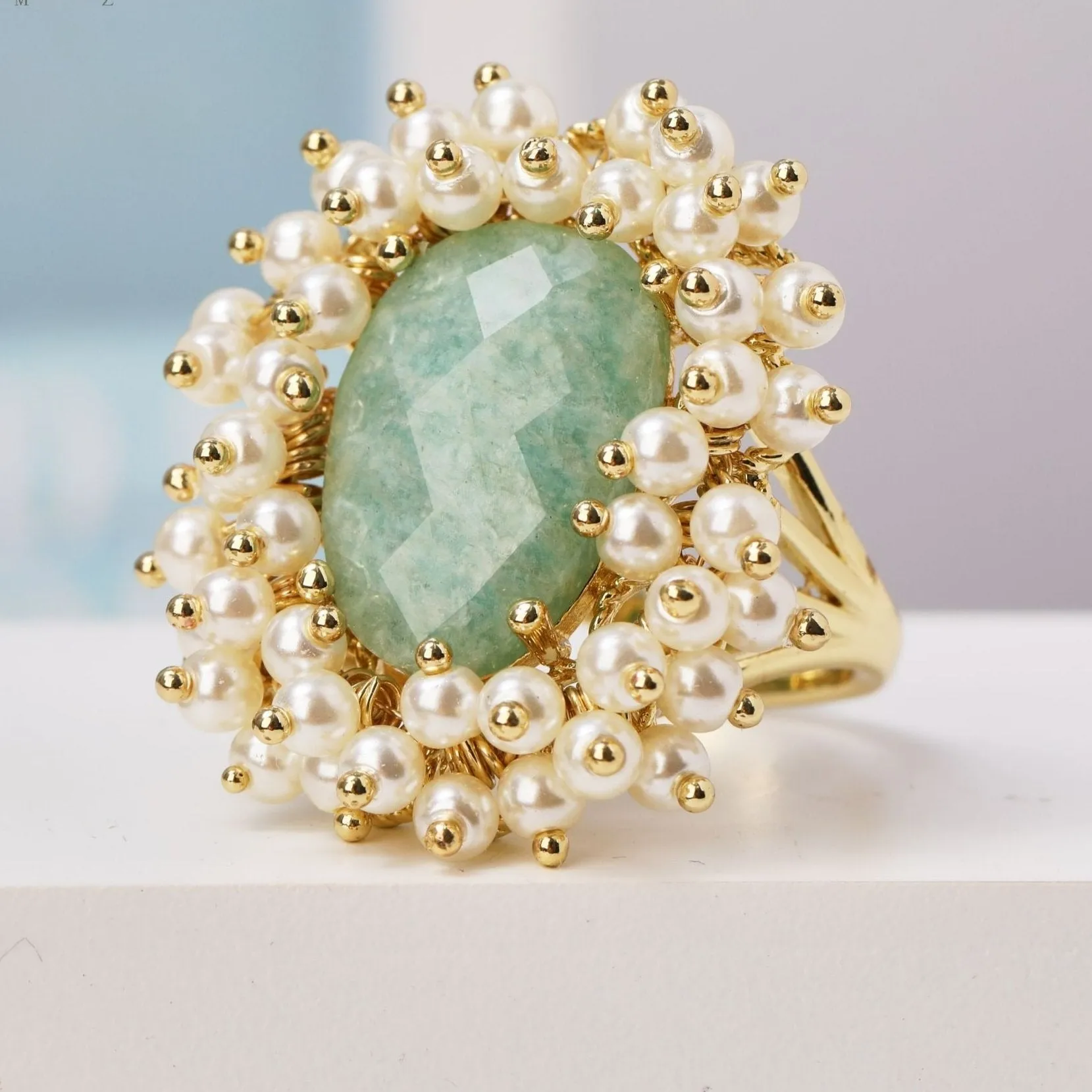 Natural Gemstone & Pearl Oval Ring
