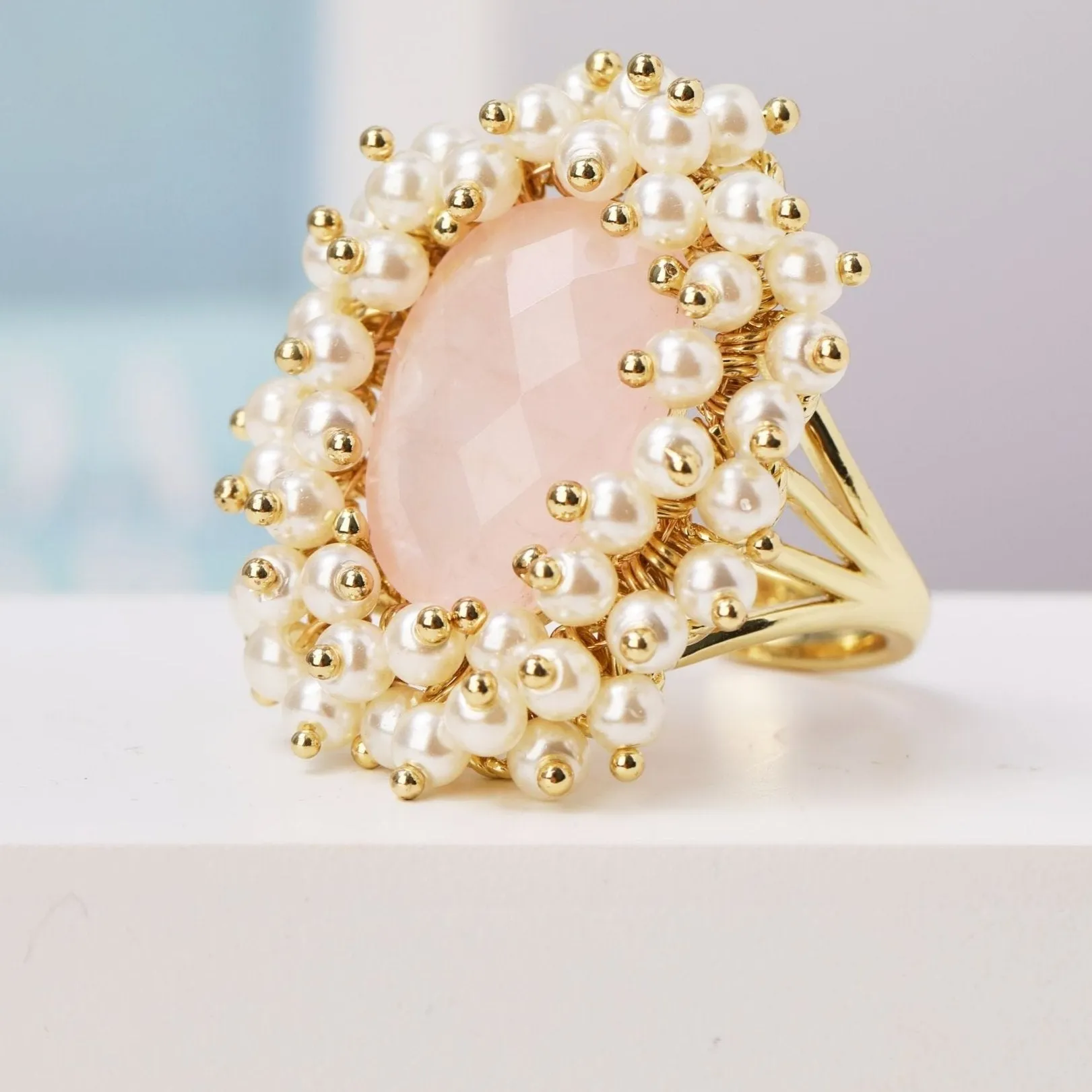 Natural Gemstone & Pearl Oval Ring