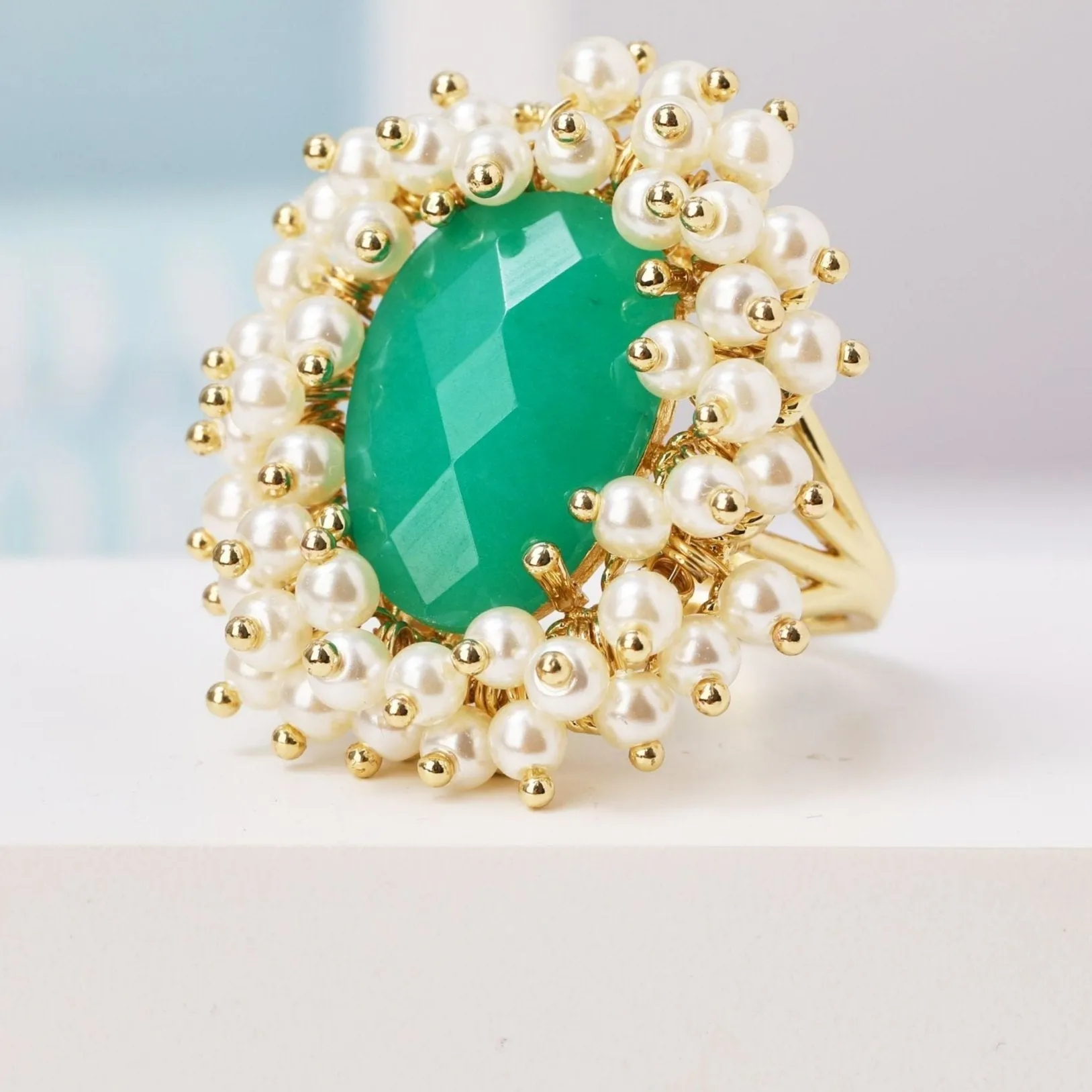 Natural Gemstone & Pearl Oval Ring