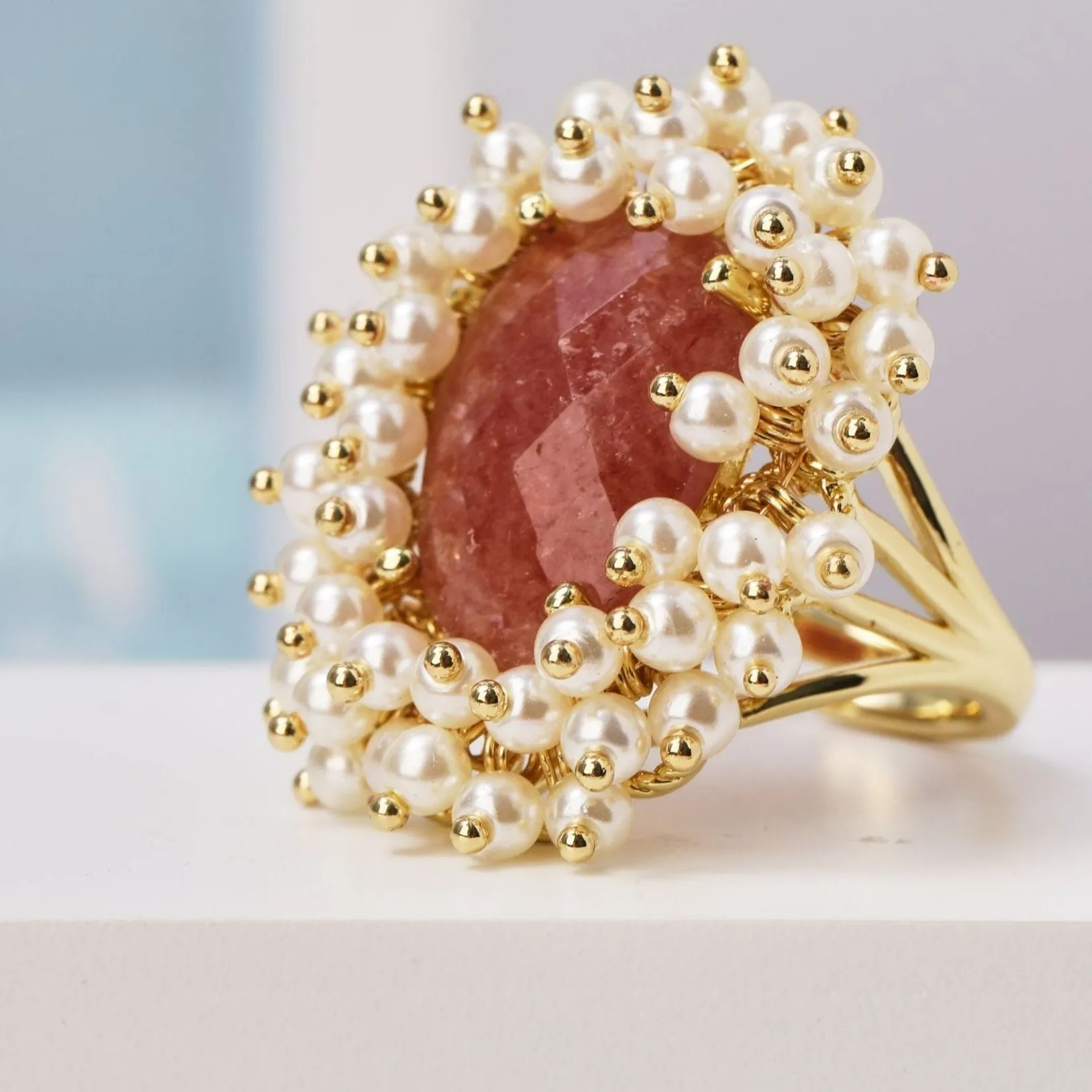 Natural Gemstone & Pearl Oval Ring