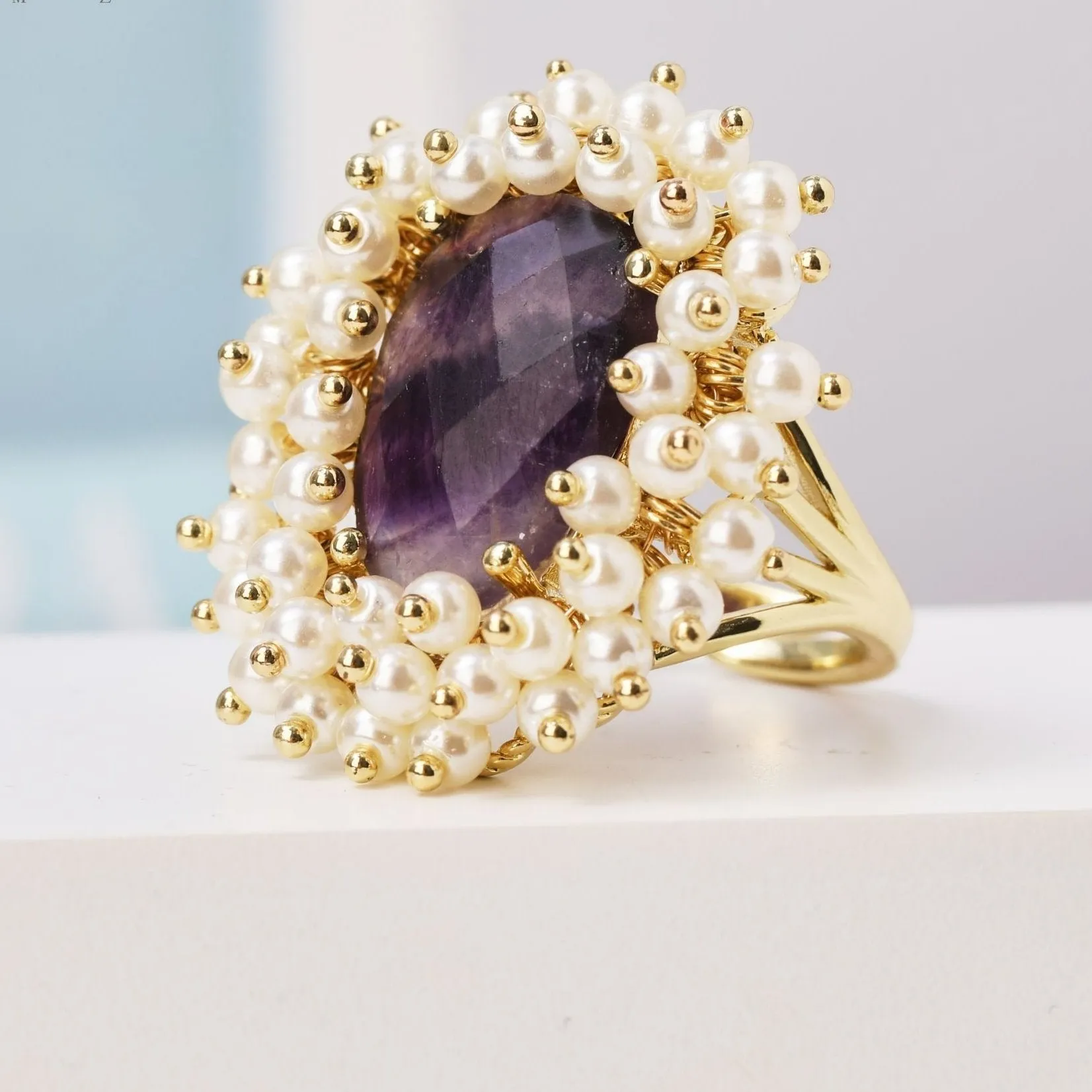 Natural Gemstone & Pearl Oval Ring
