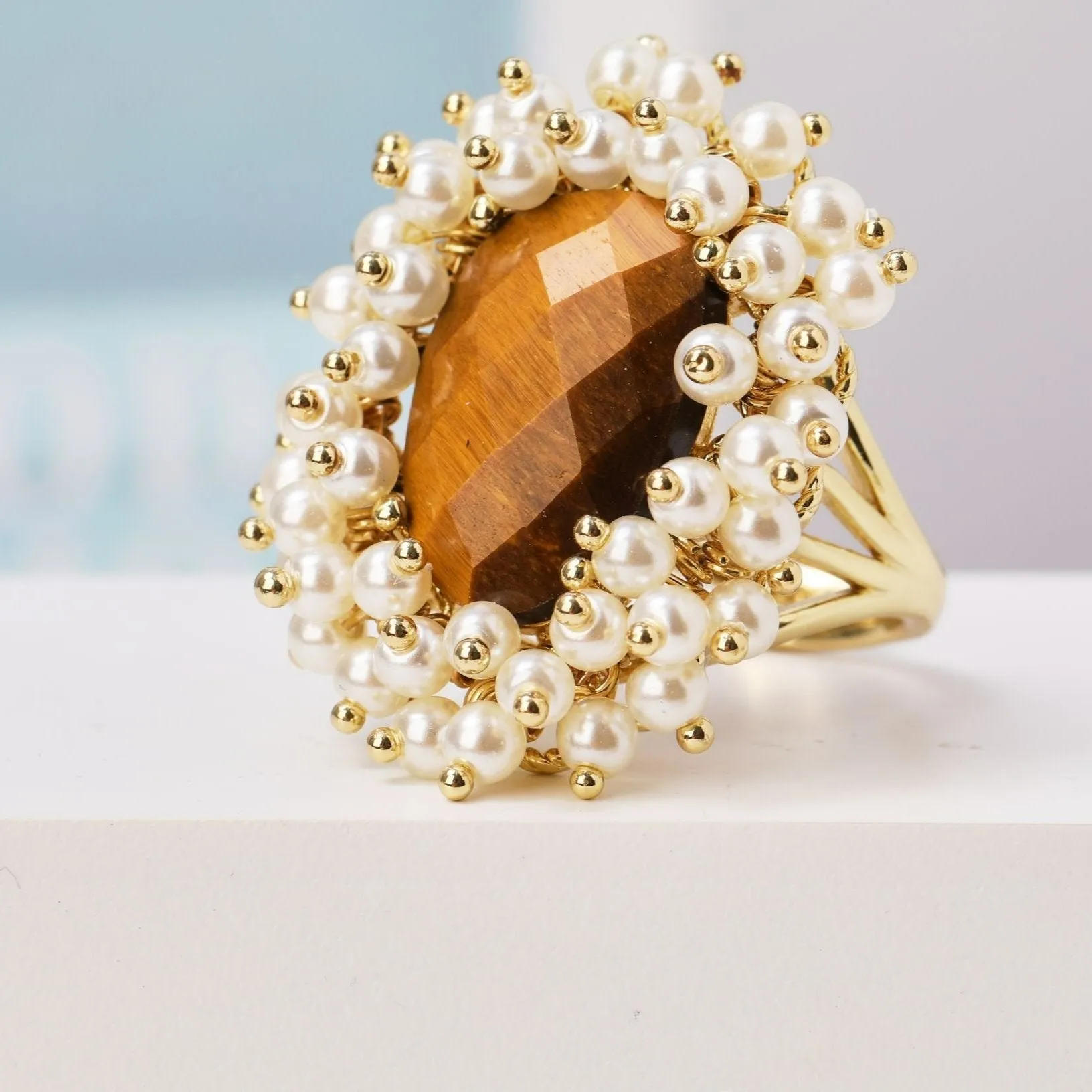 Natural Gemstone & Pearl Oval Ring