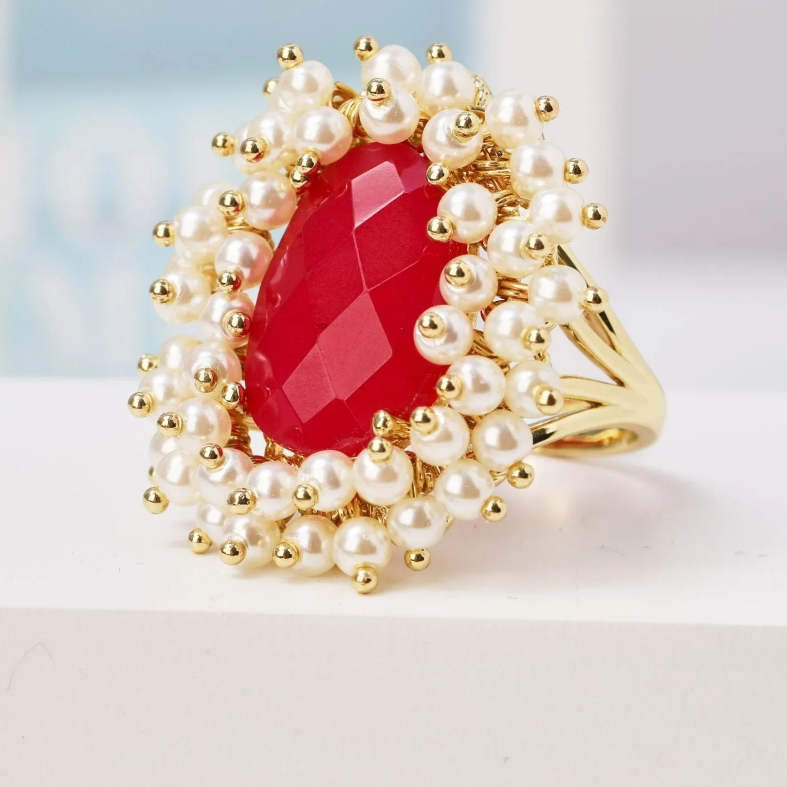Natural Gemstone & Pearl Oval Ring