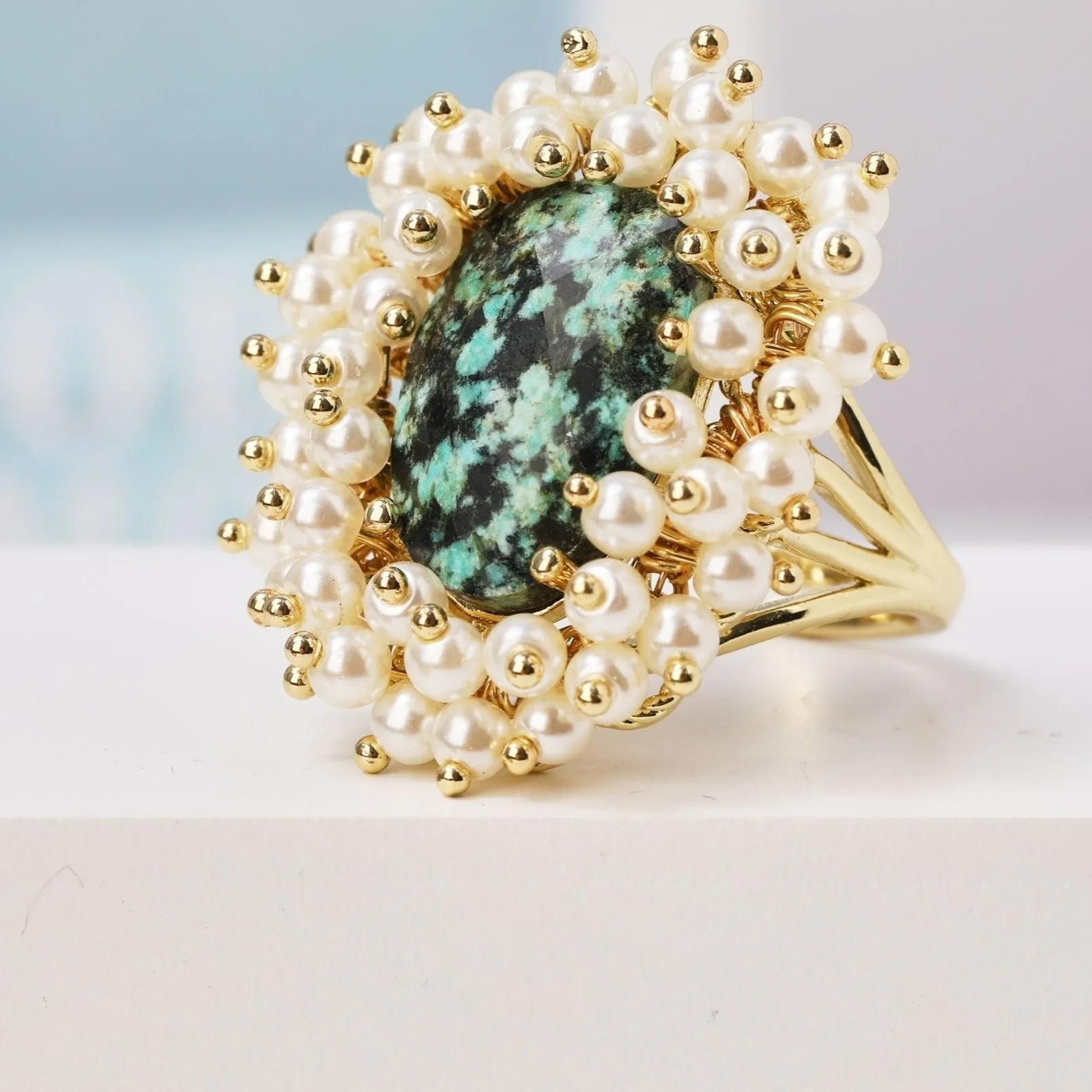 Natural Gemstone & Pearl Oval Ring