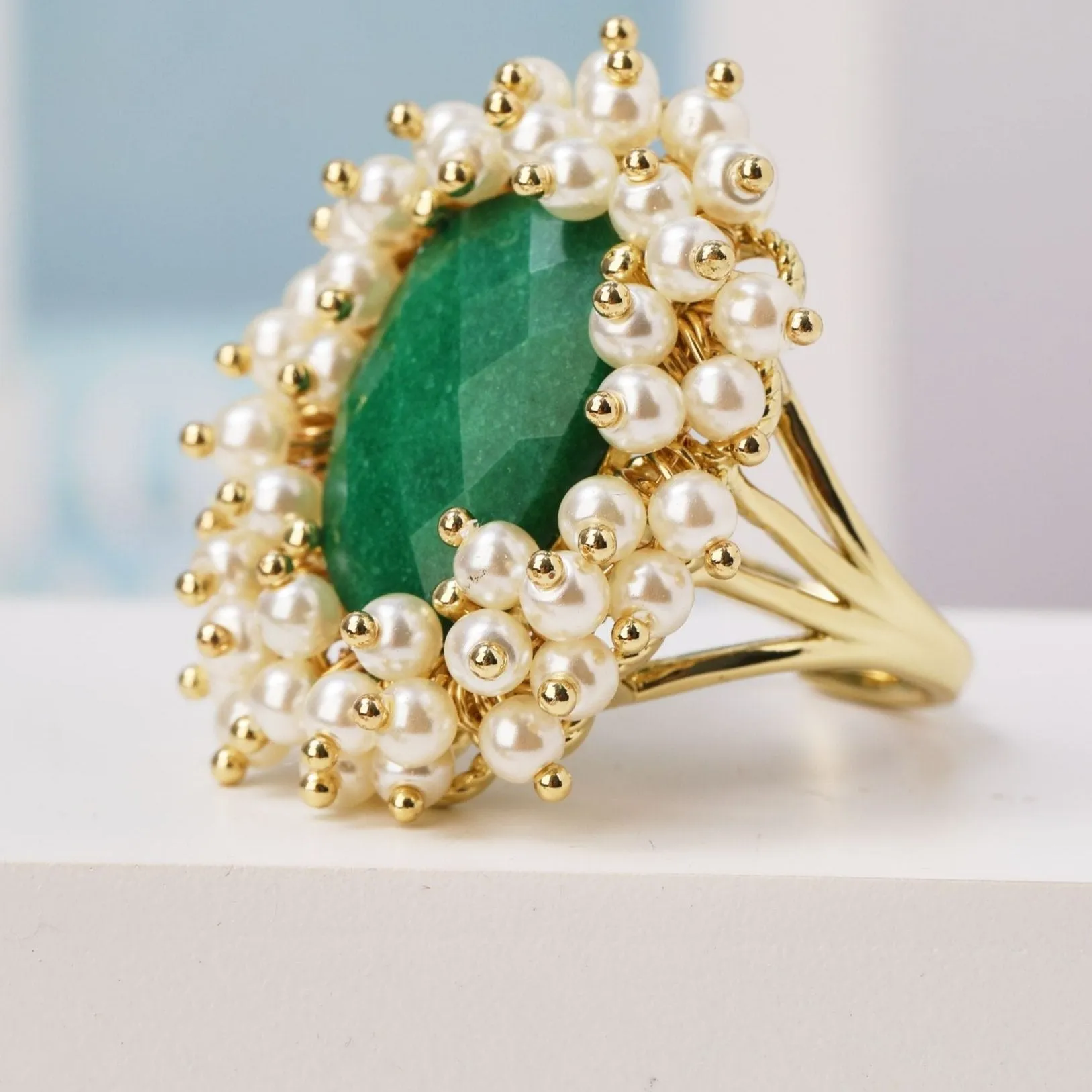 Natural Gemstone & Pearl Oval Ring