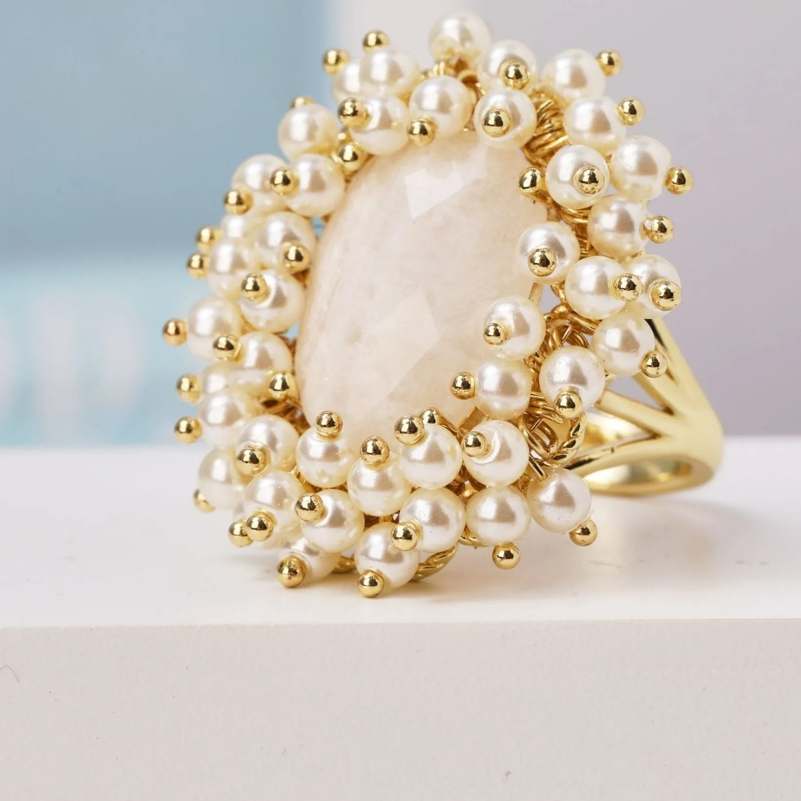 Natural Gemstone & Pearl Oval Ring