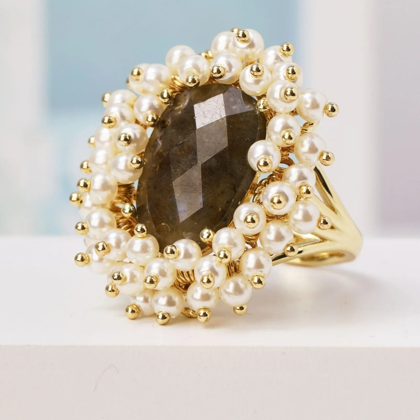 Natural Gemstone & Pearl Oval Ring