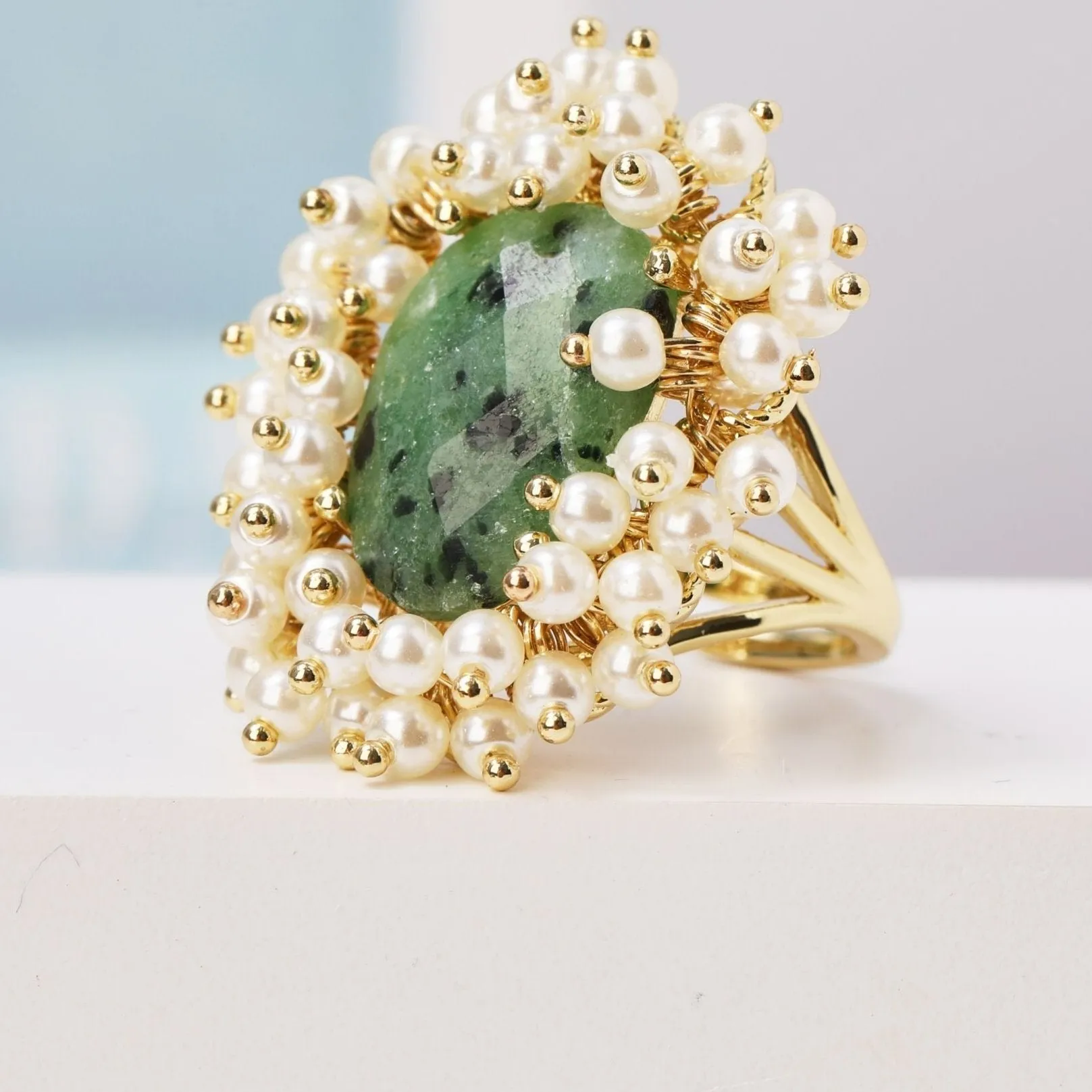 Natural Gemstone & Pearl Oval Ring