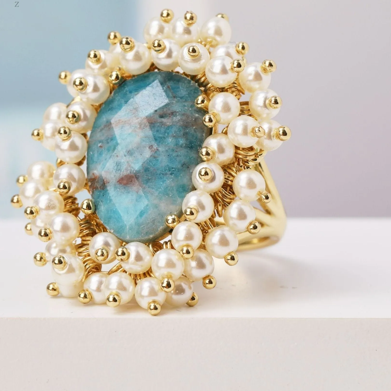 Natural Gemstone & Pearl Oval Ring