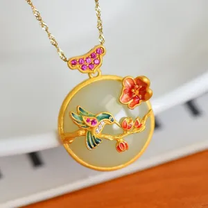 Natural Hetian jade white jade pendant inlaid crystal enamel porcelain magpie necklace