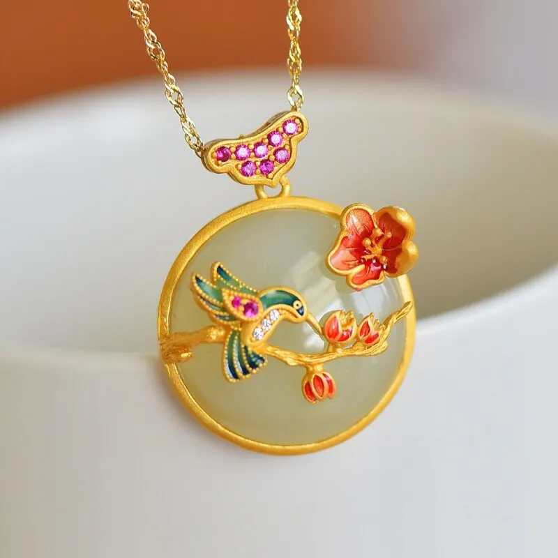 Natural Hetian jade white jade pendant inlaid crystal enamel porcelain magpie necklace