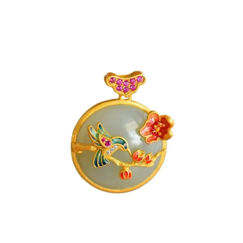 Natural Hetian jade white jade pendant inlaid crystal enamel porcelain magpie necklace