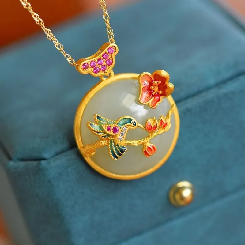 Natural Hetian jade white jade pendant inlaid crystal enamel porcelain magpie necklace