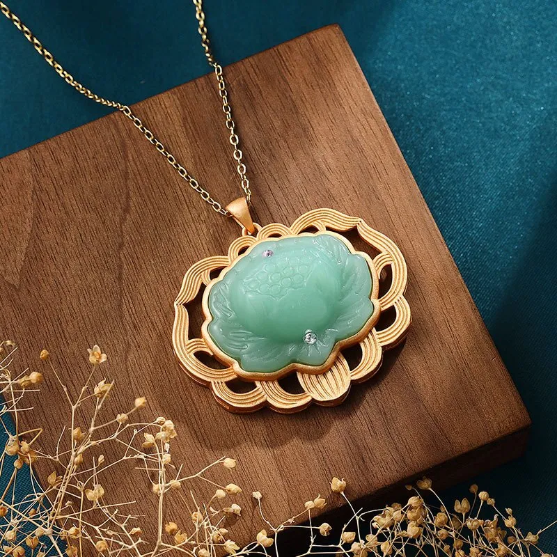 Natural Hotan jasper lotus necklace Chinese style Ancient gold craft pendant