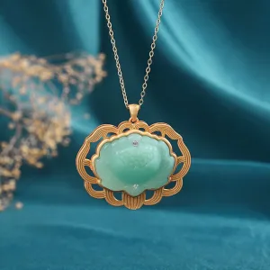 Natural Hotan jasper lotus necklace Chinese style Ancient gold craft pendant