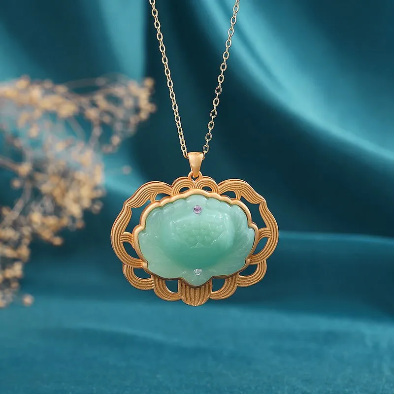 Natural Hotan jasper lotus necklace Chinese style Ancient gold craft pendant