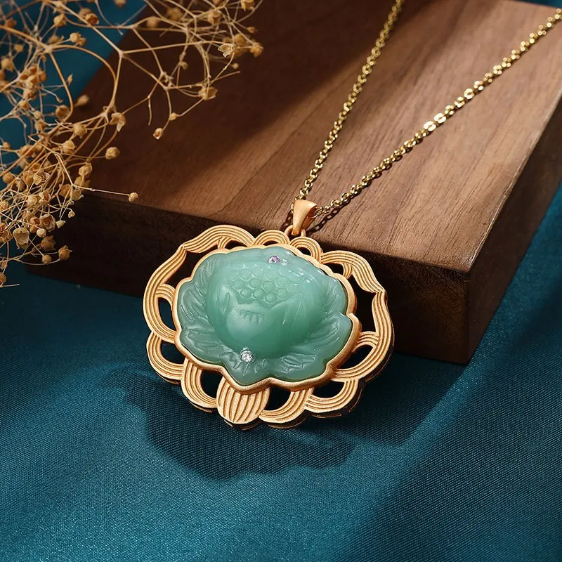 Natural Hotan jasper lotus necklace Chinese style Ancient gold craft pendant