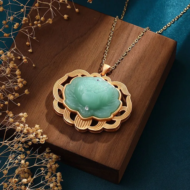 Natural Hotan jasper lotus necklace Chinese style Ancient gold craft pendant
