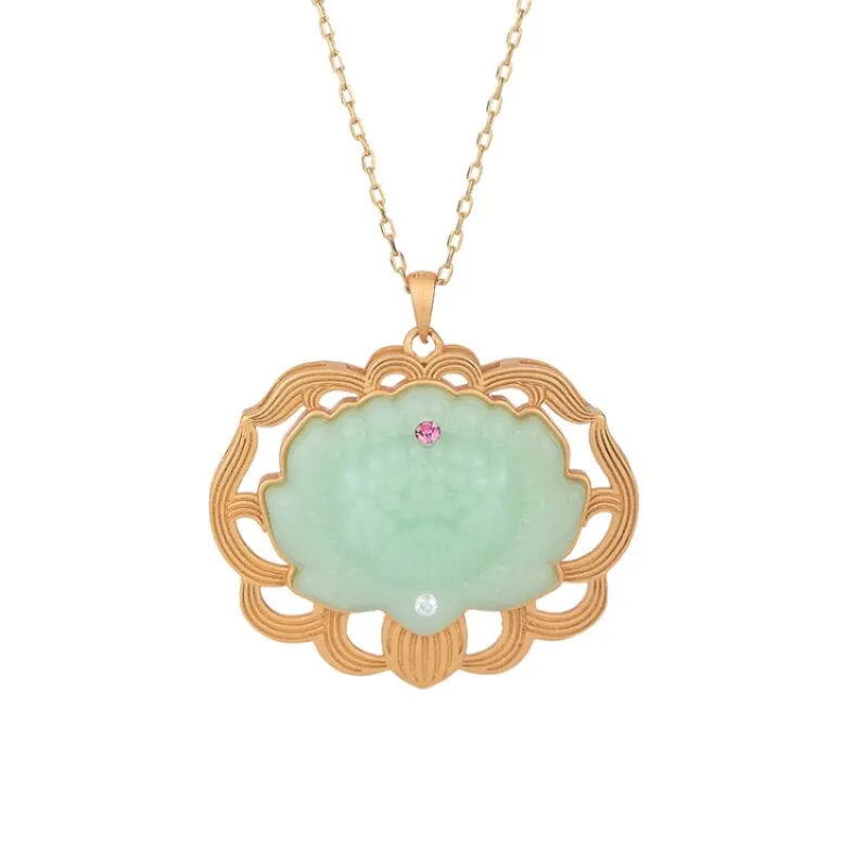Natural Hotan jasper lotus necklace Chinese style Ancient gold craft pendant
