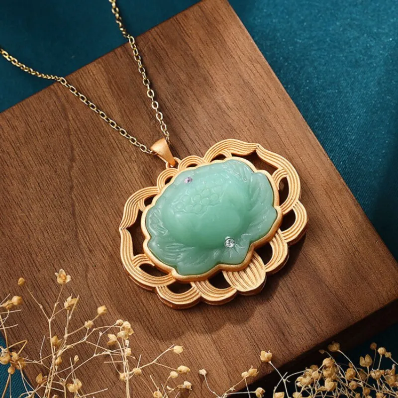 Natural Hotan jasper lotus necklace Chinese style Ancient gold craft pendant