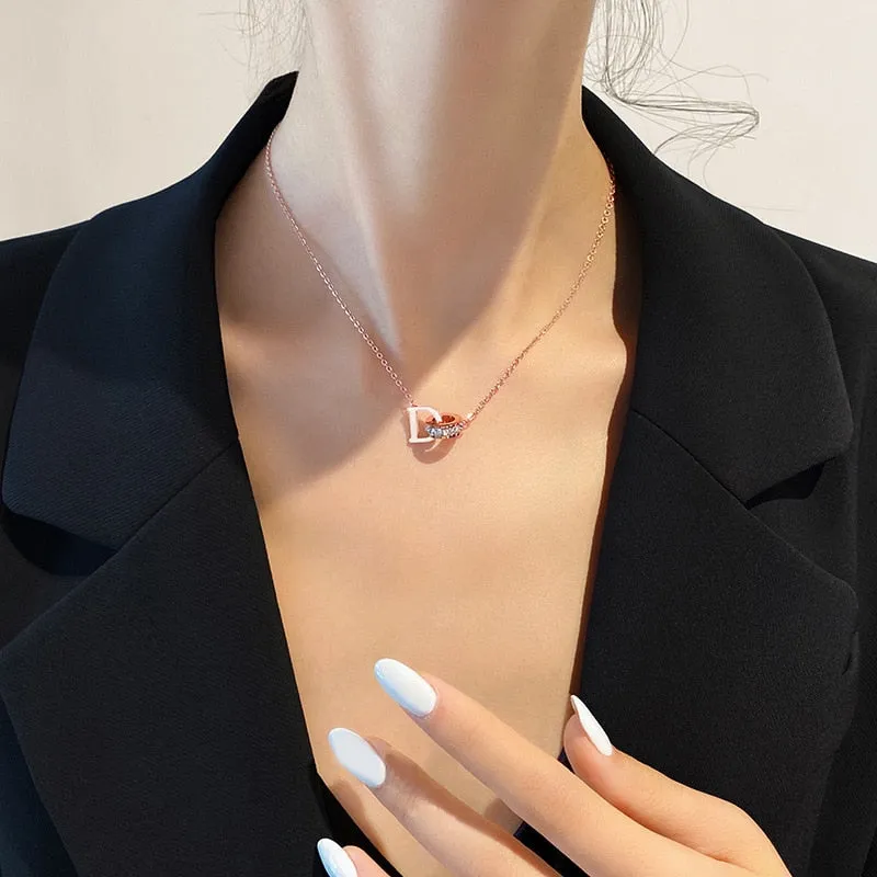 New Classic Zircon D Letter Pendant Titanium Steel Short Necklace For Woman