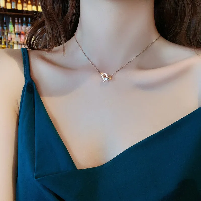 New Classic Zircon D Letter Pendant Titanium Steel Short Necklace For Woman