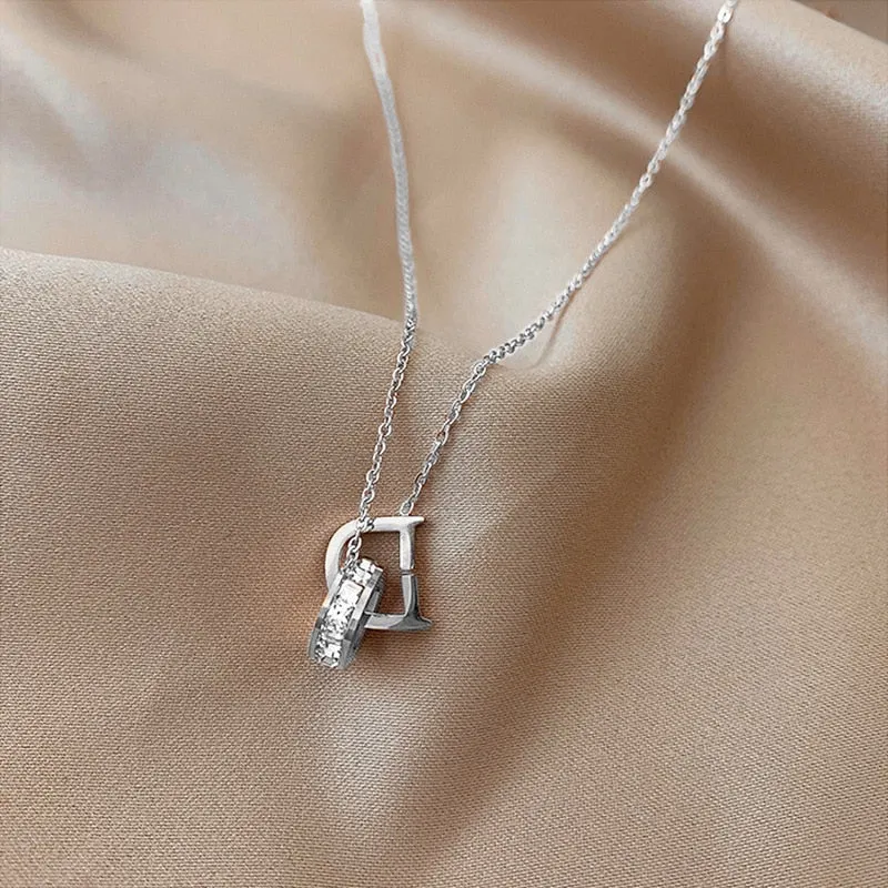 New Classic Zircon D Letter Pendant Titanium Steel Short Necklace For Woman