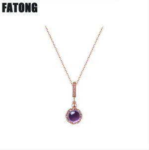 New Natural Round Amethyst Necklace Women's 925 Sterling Silver Rose Gold Necklace J0259