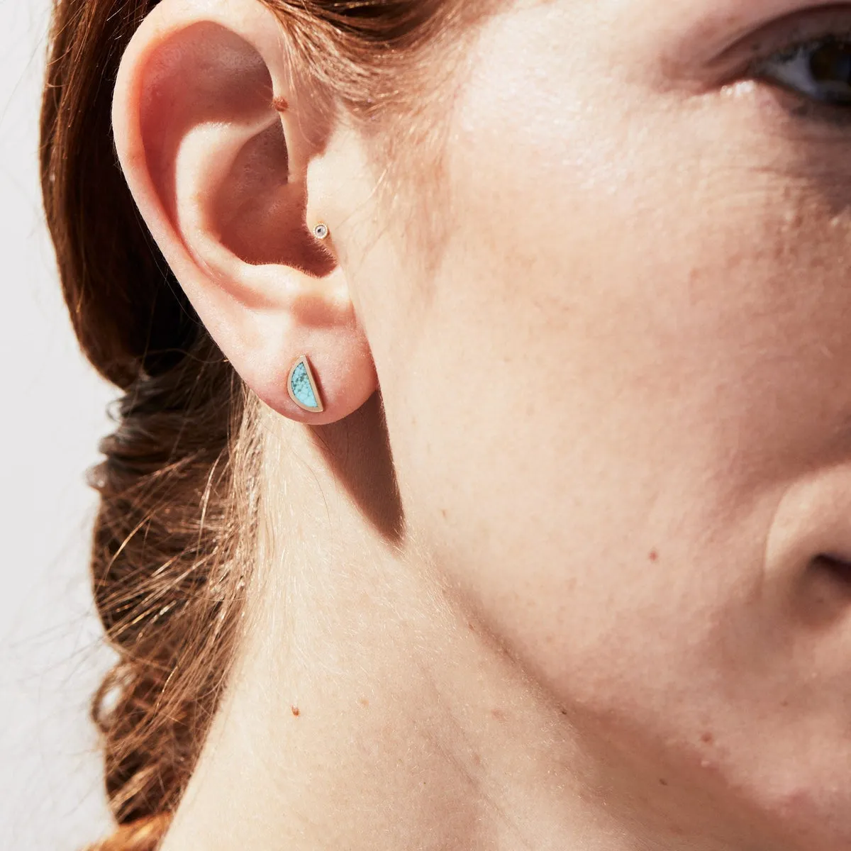 One Half Studs - Black Jack Turquoise, 14K Yellow Gold