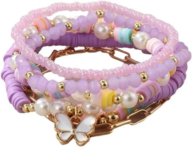 Pingyongchang Bohemian Stackable MultiLayer Beaded Heishi Bracelets Set for Women Butterfly Pearl Crystal Vinyl Clay Disc Surfer Stretchy Stretch Bangles Handmade Friendship Holiday Beach Jewelry