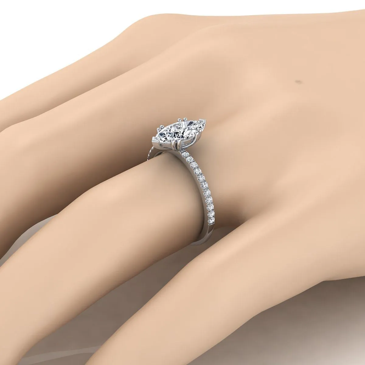 Platinum Marquise  Diamond Simple French Pave Double Claw Prong Engagement Ring -1/6ctw