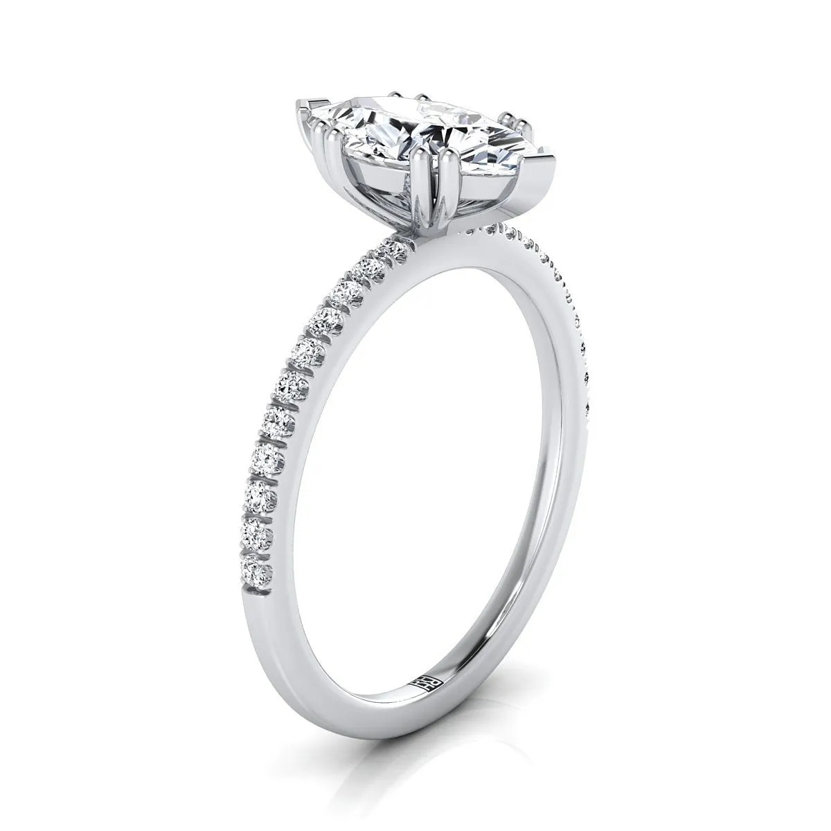 Platinum Marquise  Diamond Simple French Pave Double Claw Prong Engagement Ring -1/6ctw