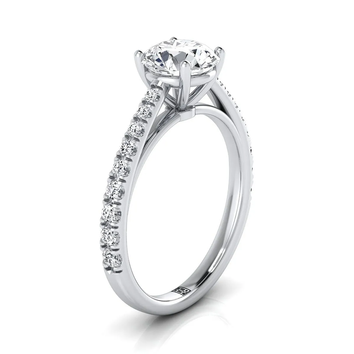 Platinum Round Brilliant Diamond French Pave Cathedral Style Solitaire Engagement Ring -1/4ctw