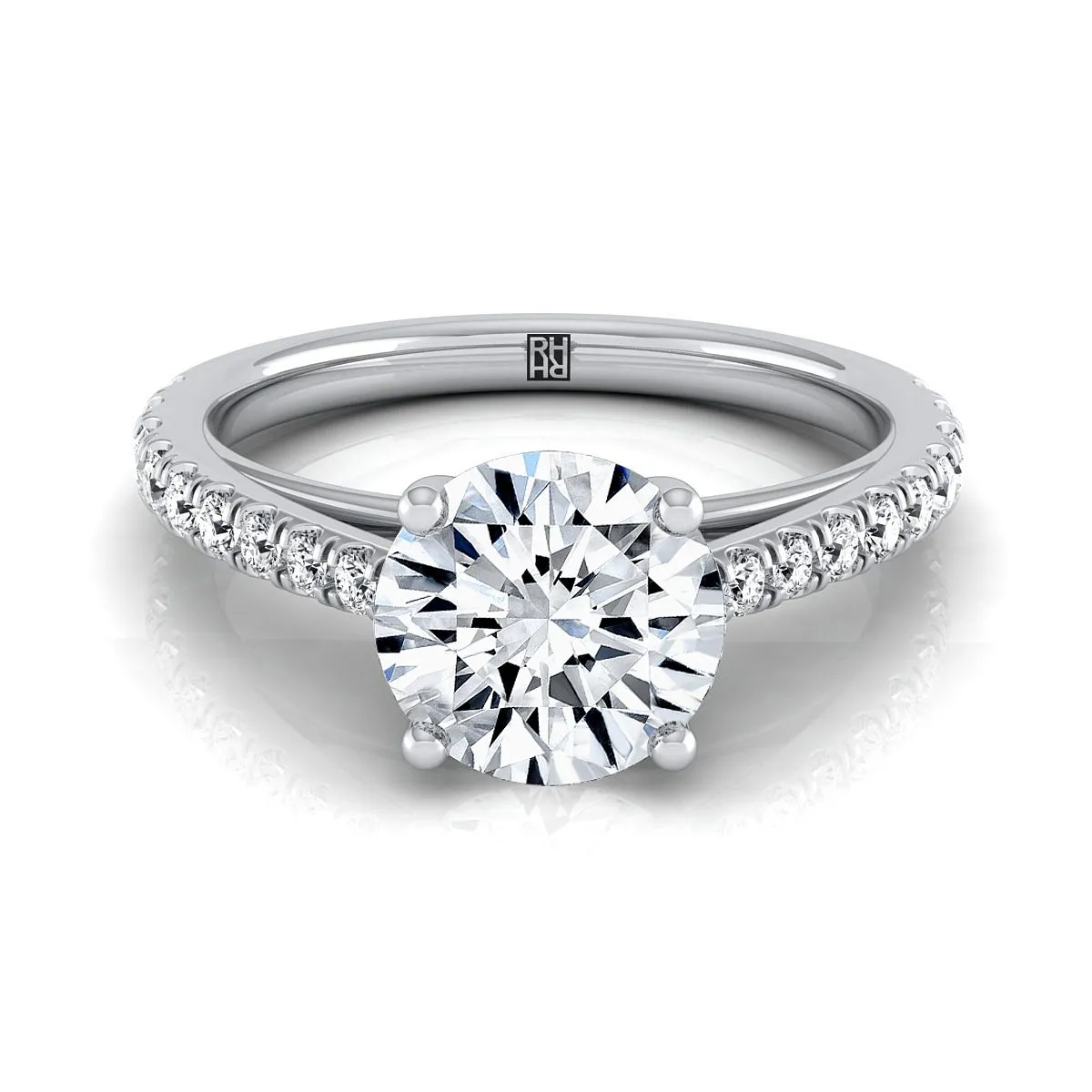 Platinum Round Brilliant Diamond French Pave Cathedral Style Solitaire Engagement Ring -1/4ctw