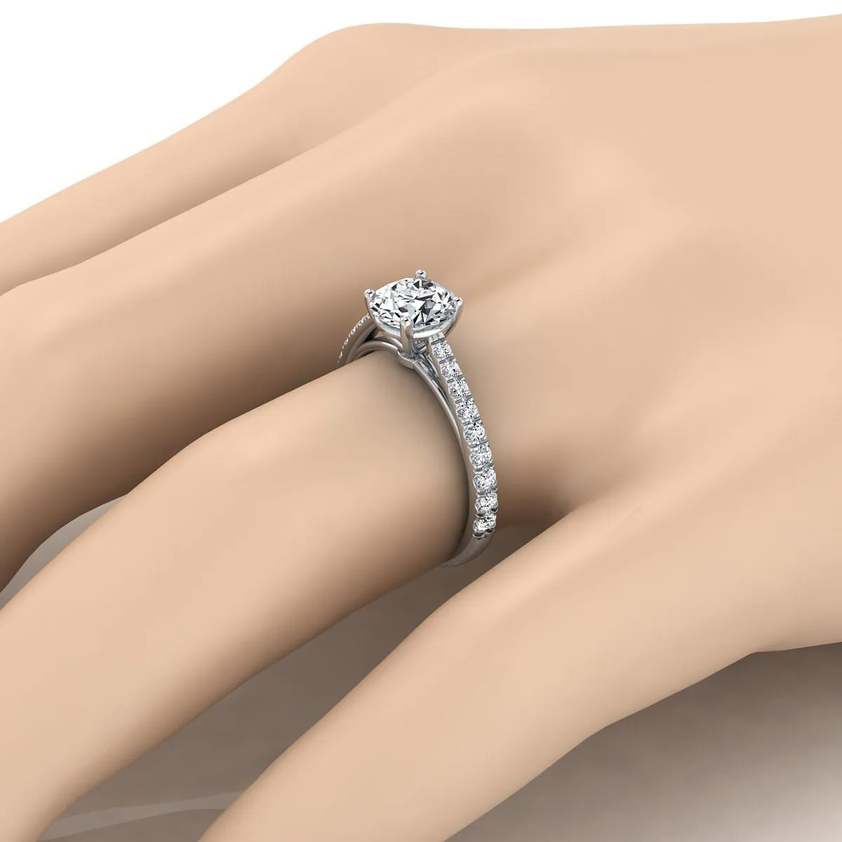 Platinum Round Brilliant Diamond French Pave Cathedral Style Solitaire Engagement Ring -1/4ctw