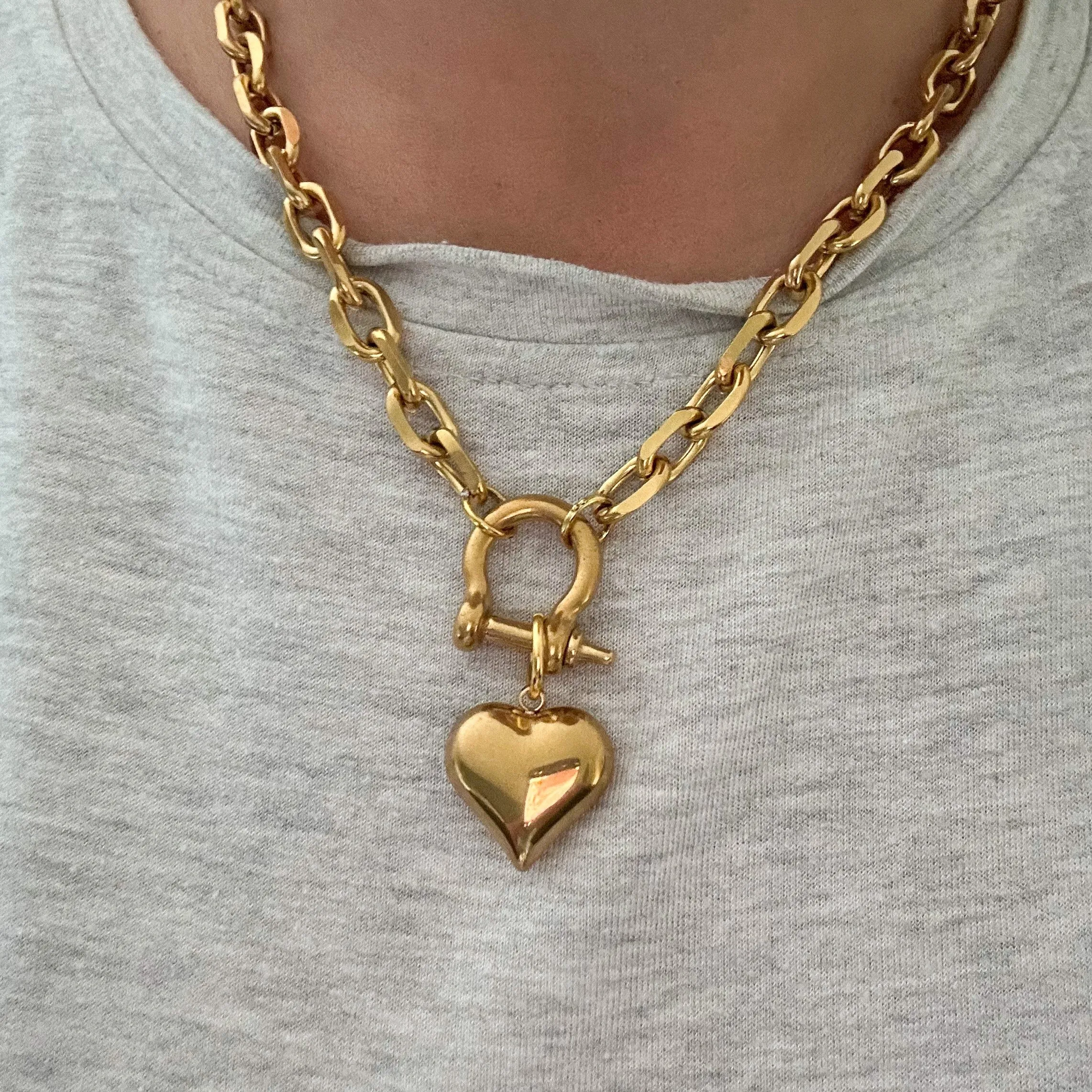 Puff Heart Gold Shackle Necklace