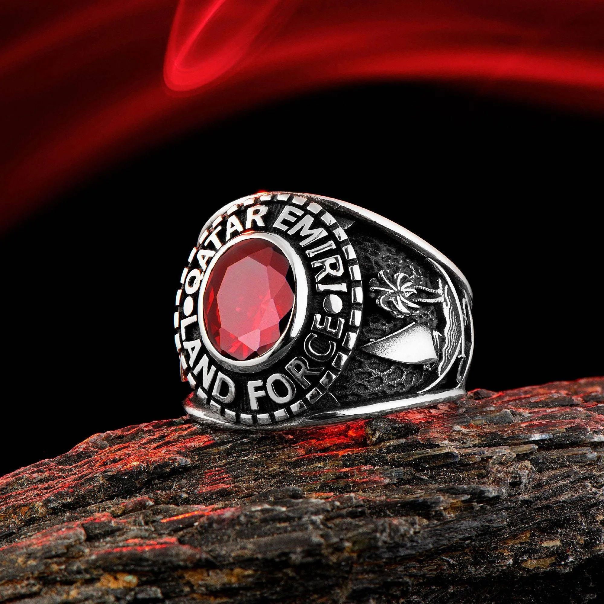 Qatar Emiri Land Force Men's Silver Ring, Military Rings with Red Zircon Gemstone Ring