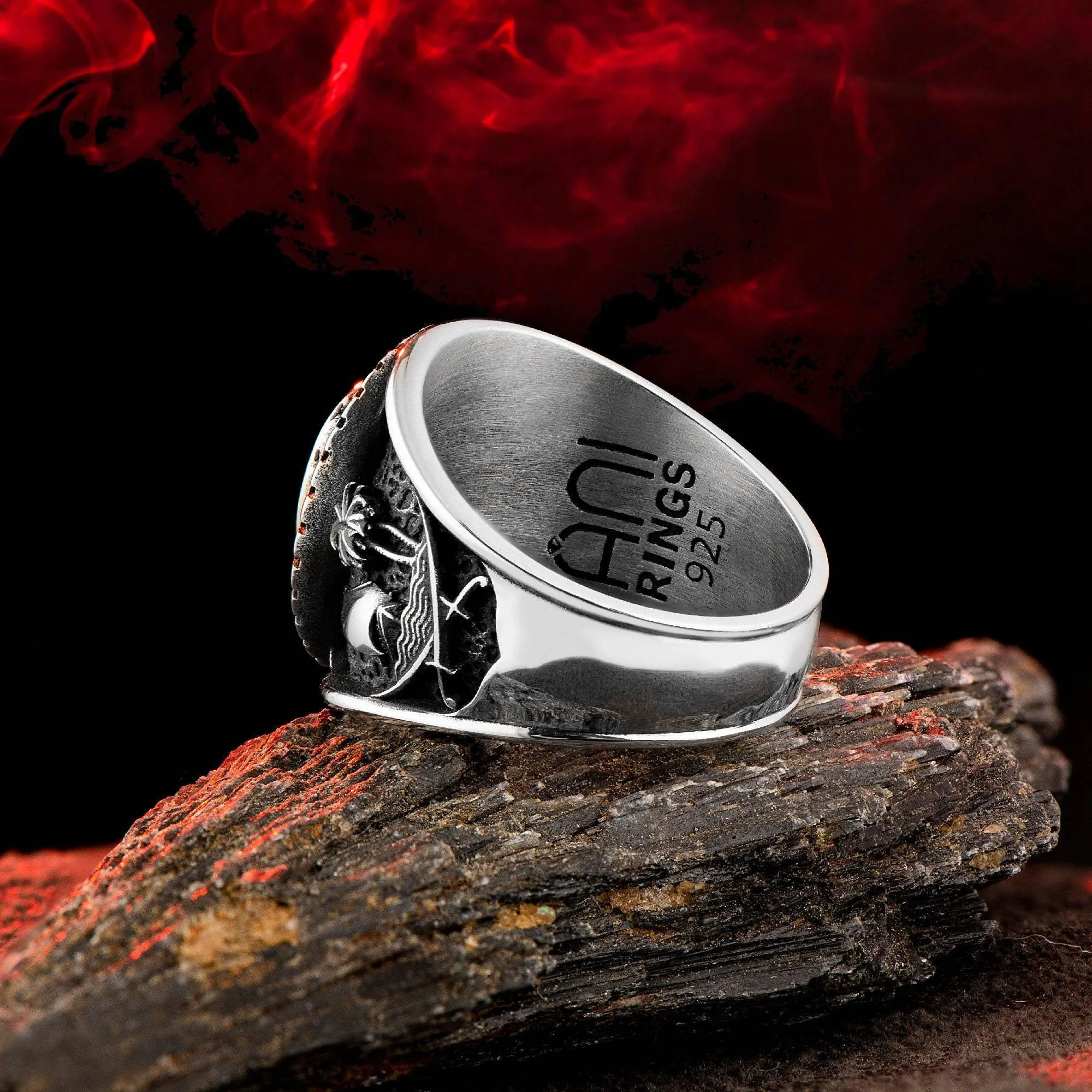 Qatar Emiri Land Force Men's Silver Ring, Military Rings with Red Zircon Gemstone Ring