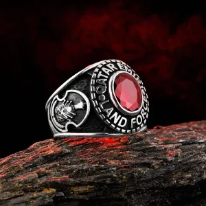 Qatar Emiri Land Force Men's Silver Ring, Military Rings with Red Zircon Gemstone Ring
