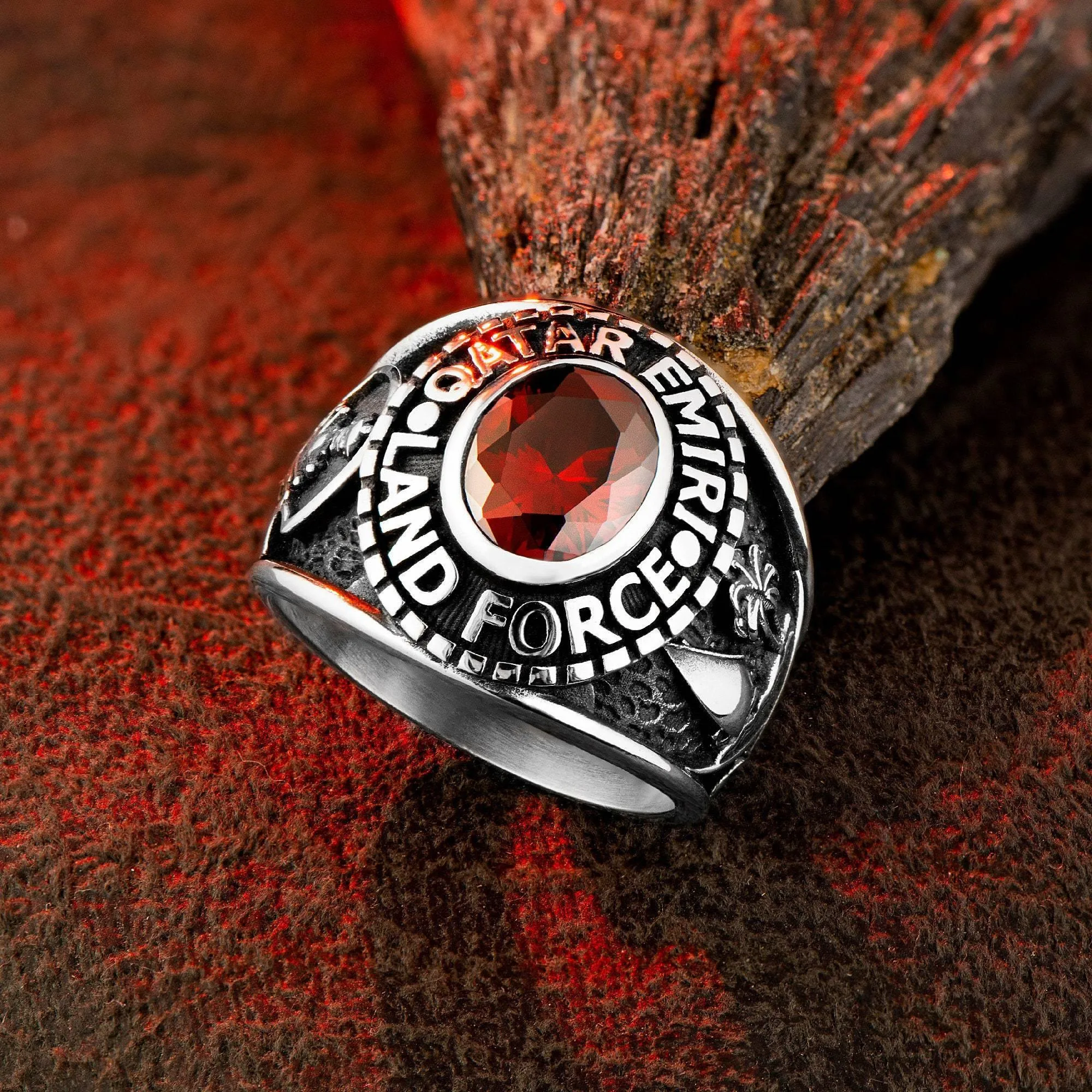 Qatar Emiri Land Force Men's Silver Ring, Military Rings with Red Zircon Gemstone Ring