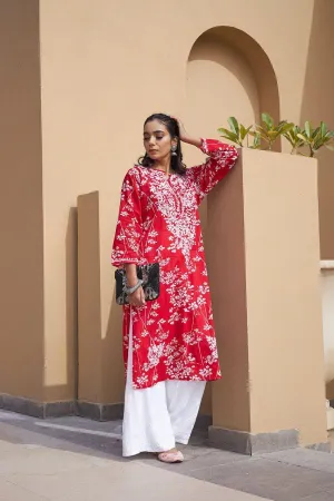 Ruby Elegance - Red Mulmul Kurti Set with White Chikankari Work and Palazzo