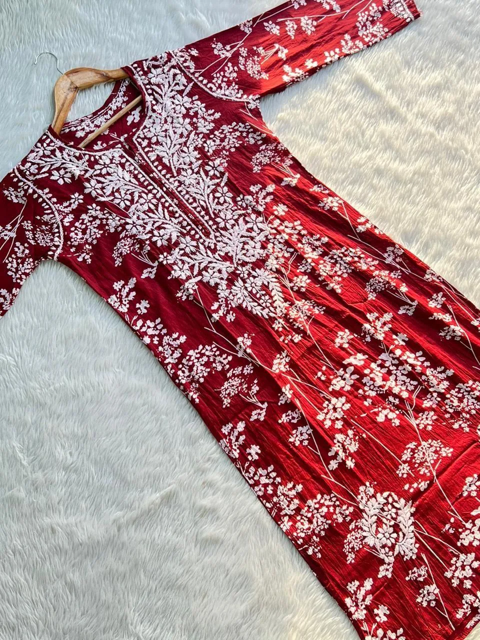 Ruby Elegance - Red Mulmul Kurti Set with White Chikankari Work and Palazzo