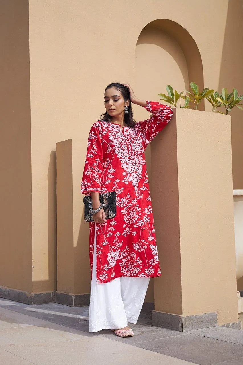 Ruby Elegance - Red Mulmul Kurti Set with White Chikankari Work and Palazzo