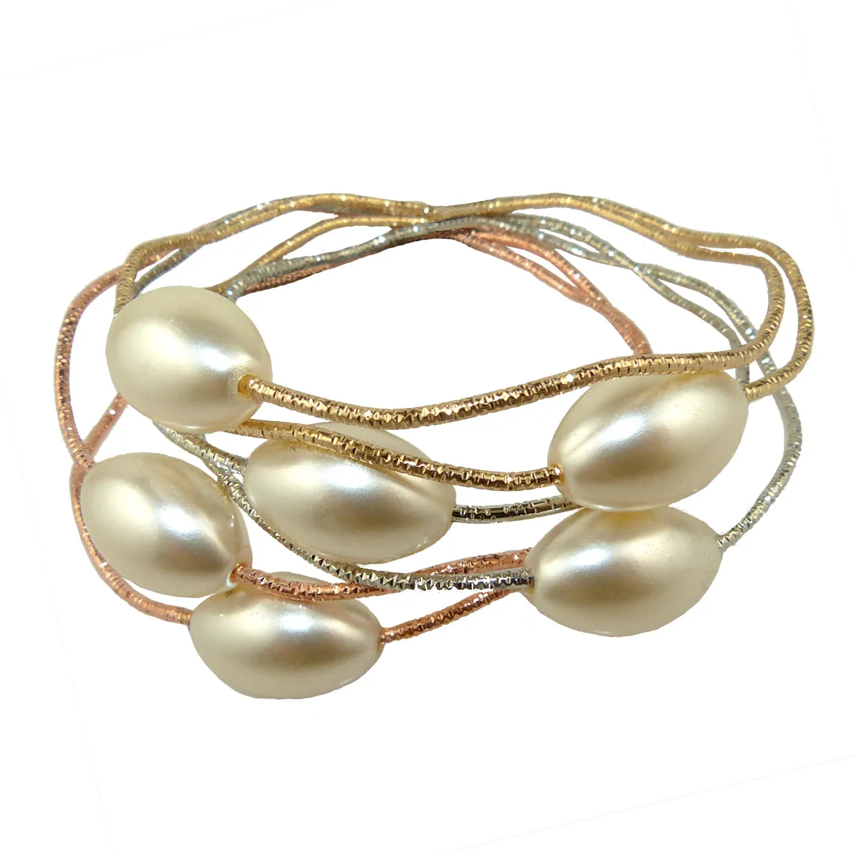 Set of Gold Silver Rose Gold Toned Bangles Bracelets with Pearls by Liza Kim