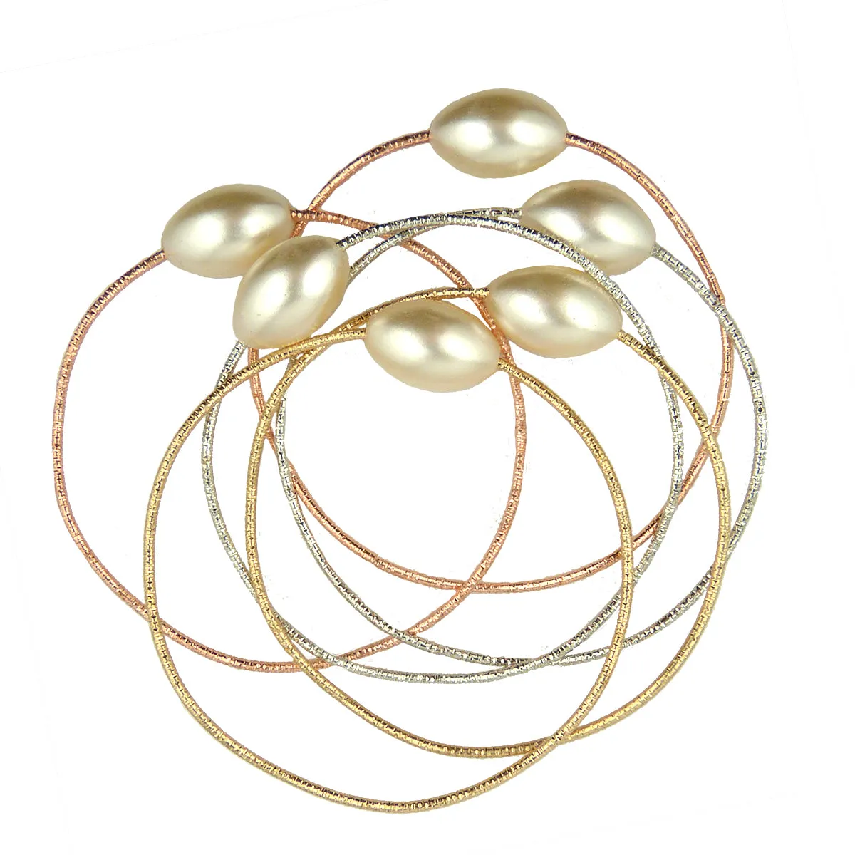 Set of Gold Silver Rose Gold Toned Bangles Bracelets with Pearls by Liza Kim