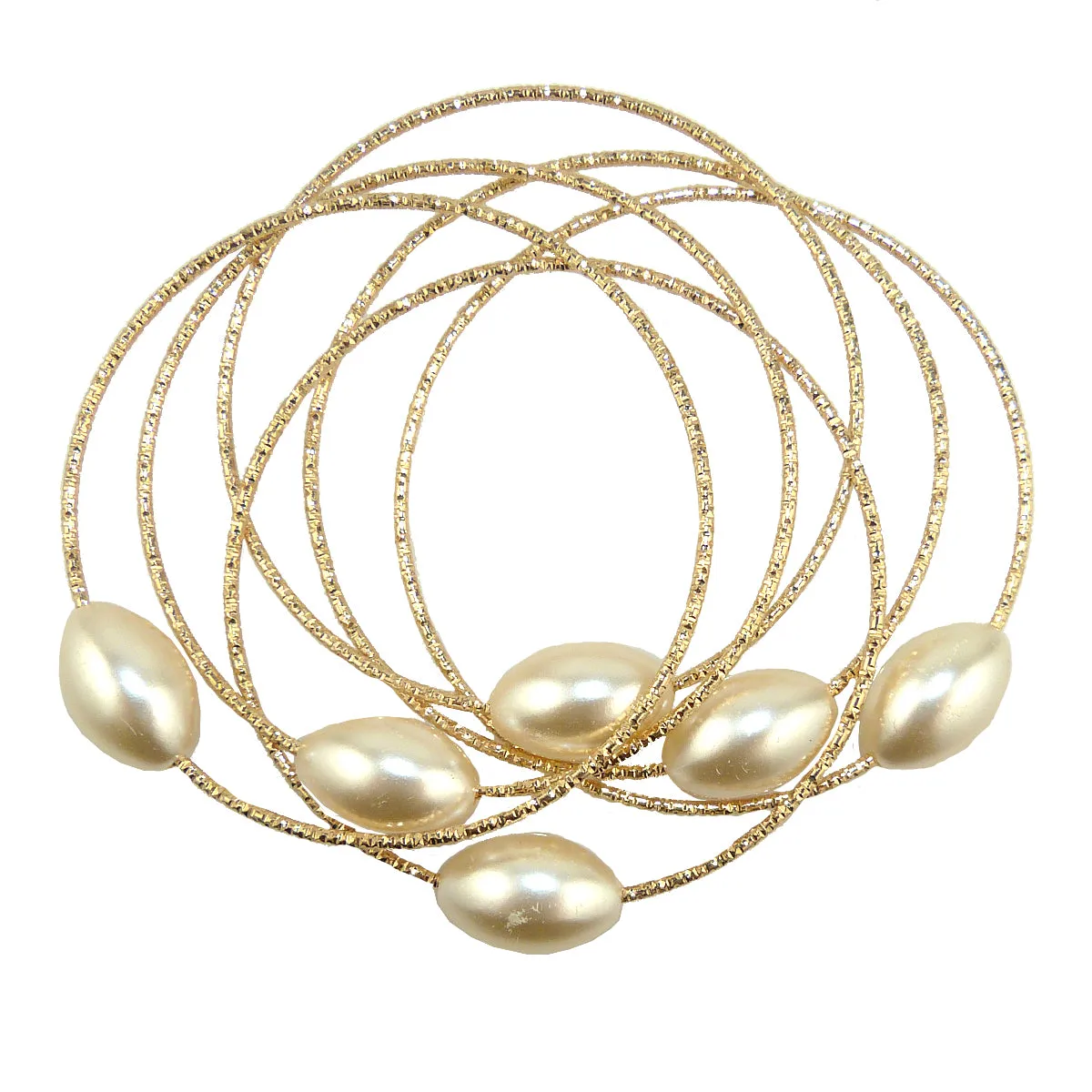Set of Gold Toned Bangles Bracelets with Pearls by Liza Kim