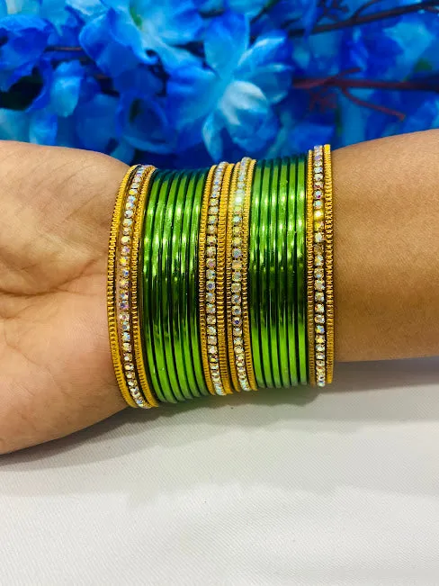 Shimmering Graceful Green Color Stone Studded Designer Metal Bangle Sets