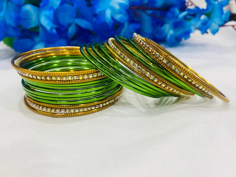 Shimmering Graceful Green Color Stone Studded Designer Metal Bangle Sets