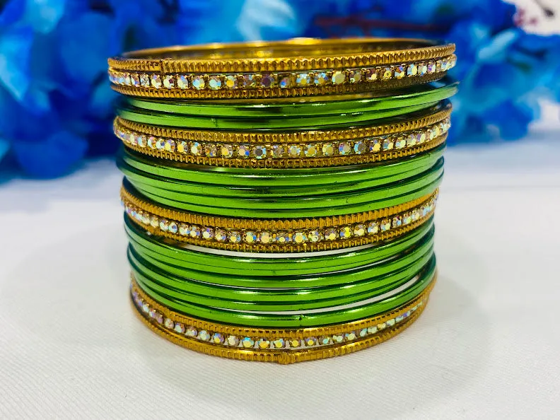 Shimmering Graceful Green Color Stone Studded Designer Metal Bangle Sets